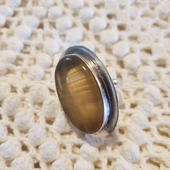 Sterling Silver 925 Large Stripe Oval Cabochon Statement Ring Boho Jewelry Sz 9 - Picture 4 of 9